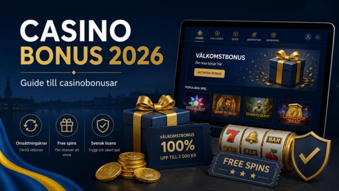 Illustration för en guide om casino bonus 2026 med casinobonusar, free spins, omsättningskrav och svensk licens.